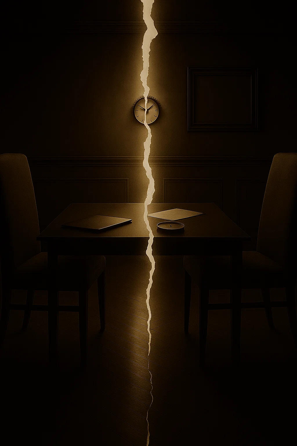 une table et deux chaises divisées par une fissure lumineuse, évoquant la rupture et le besoin d’un cadre juridique clair